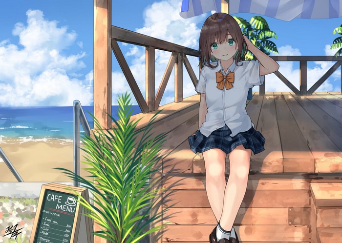 Anime girl in school uniform at a beach cafe