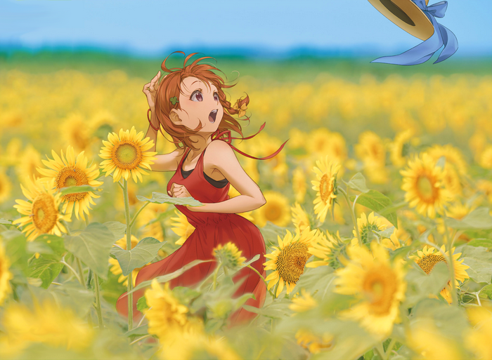 Chika Takami from Love Live! Sunshine in a sunflower field
