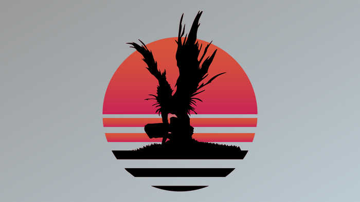 Minimalist silhouette of a creature against a sunset