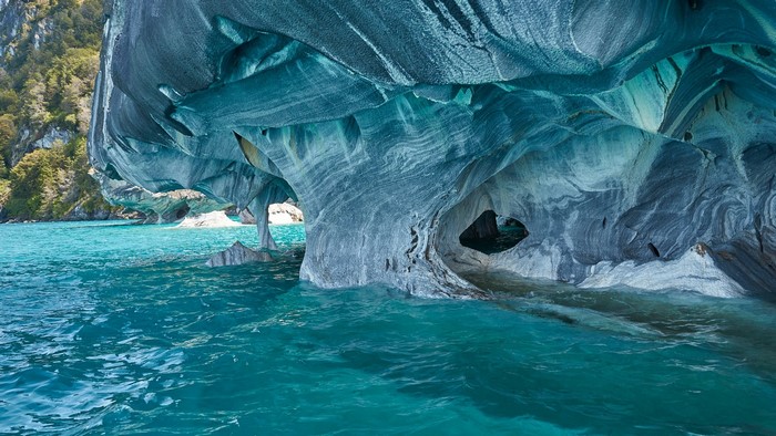 cave, nature, trees, clear water, Chile, Patagonia, marble, rocks ...