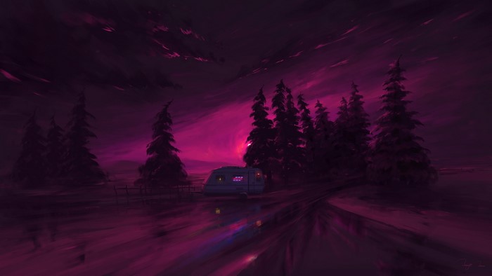 RV parked in a purple forest at night
