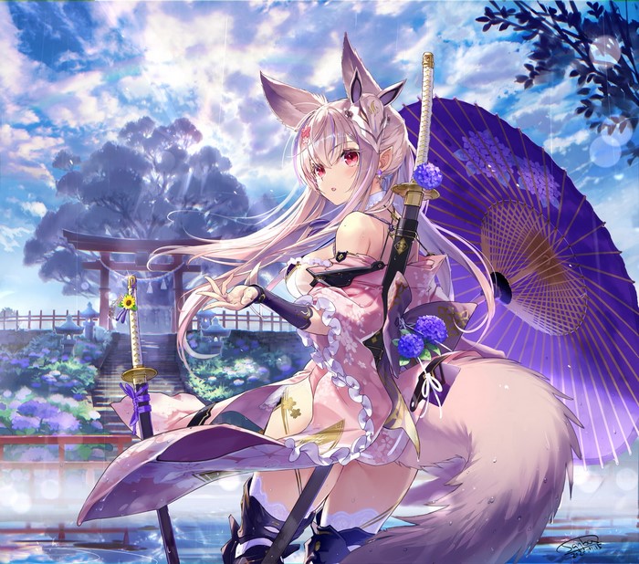 Sanbasou Fox Girl with Katana and Umbrella