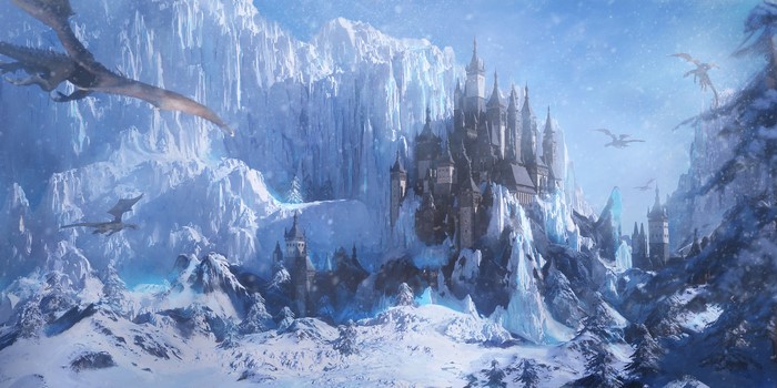 ice, trees, castle, mountains, digital art, cliff, Arthur Yuan, snow ...