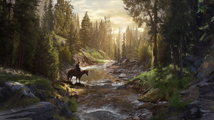 Artwork of a person on horseback by a stream in a forest