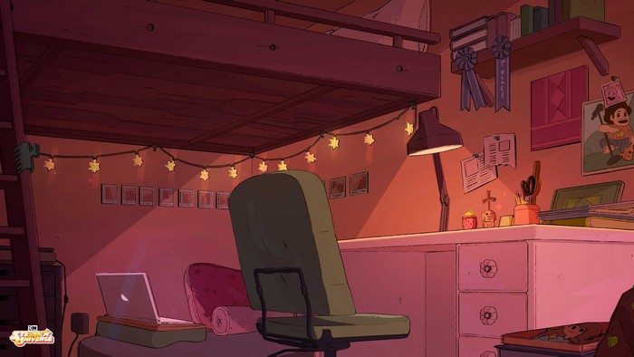 Steven Universe room with loft bed and desk