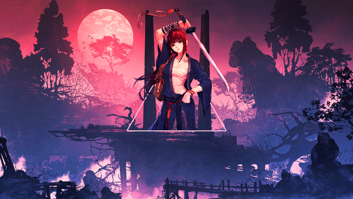 Anime girl with sword in fantasy landscape