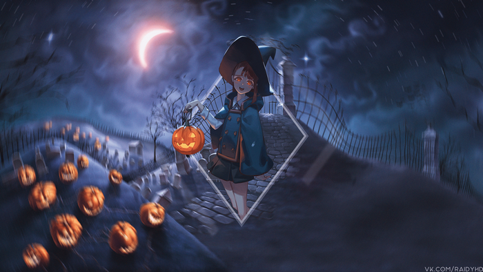 Anime girl with pumpkin lantern in a graveyard at night