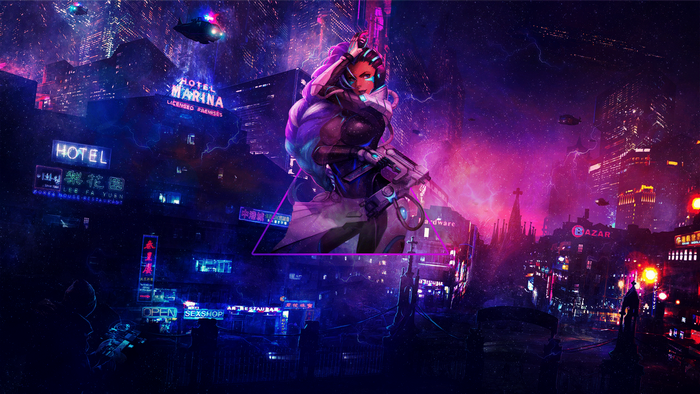 Sombra from Overwatch in a neon cyberpunk city