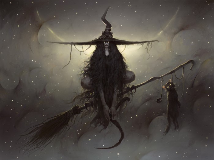 Witch on a broomstick with a black cat