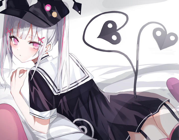 Anime girl with silver twintails and pink eyes