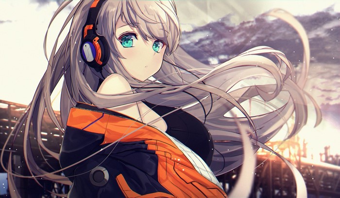 Anime girl with aqua eyes and headphones