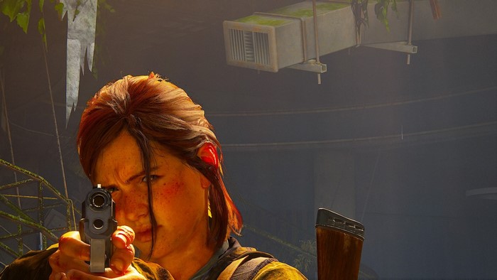Ellie from The Last of Us Part II holding a pistol