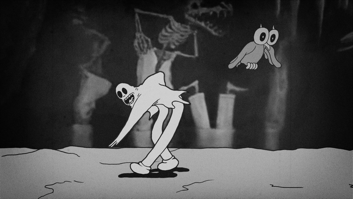 Spooky cartoon ghost and owl with skeleton in background