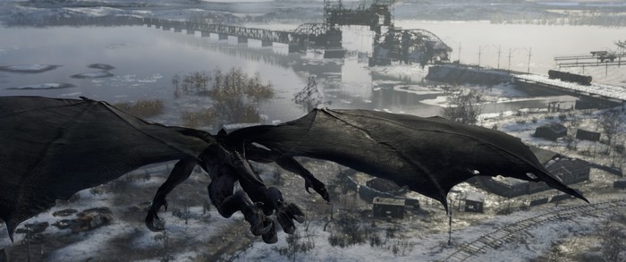 Dragon flying over a frozen landscape in Metro Exodus