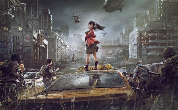 Girl in post-apocalyptic city with helicopters