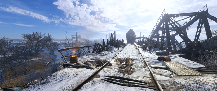 Metro Exodus video game scene on a snowy bridge