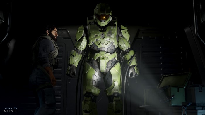 Master Chief from Halo Infinite with a man