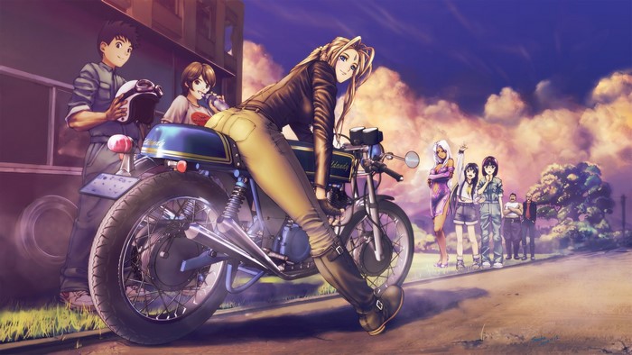 Ah! My Goddess! fan art with Belldandy on a motorcycle