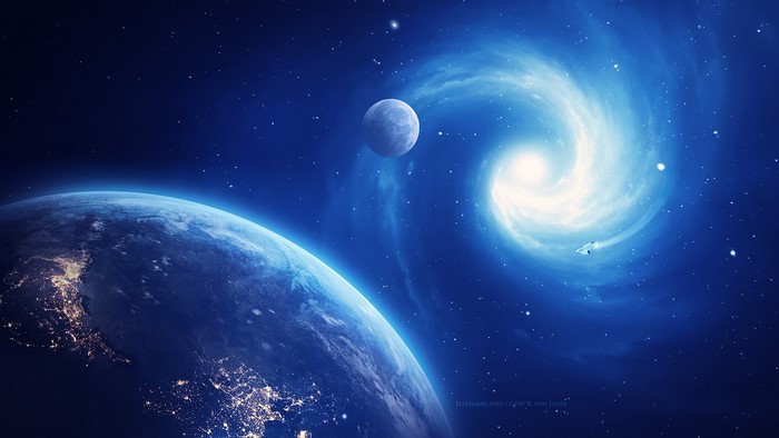 Earth, Moon, and Spiral Galaxy Concept Art