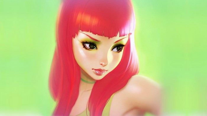 Anime girl with red hair and green background by Ilya Kuvshinov