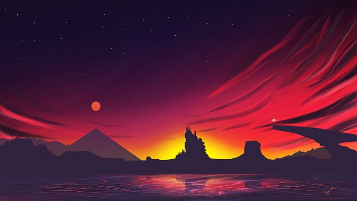 Fantasy landscape with castle and pyramid at sunset