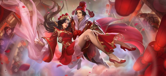 Couple in red traditional Chinese wedding attire