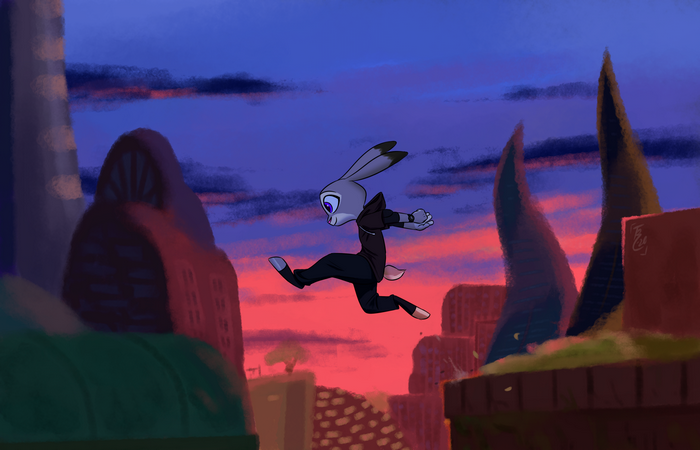 Judy Hopps from Zootopia jumping at sunset