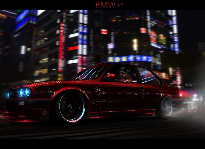 Red BMW E36 M3 drifting at night in a city
