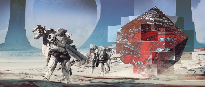 Futuristic astronauts on a desolate planet with a strange artifact