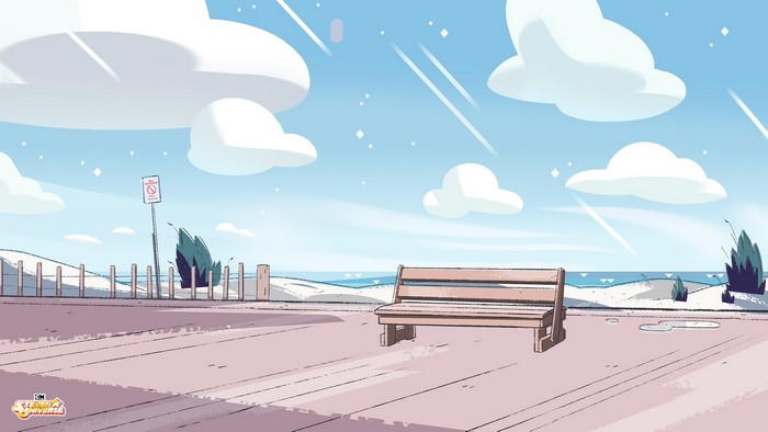 Steven Universe beach scene with bench and clouds