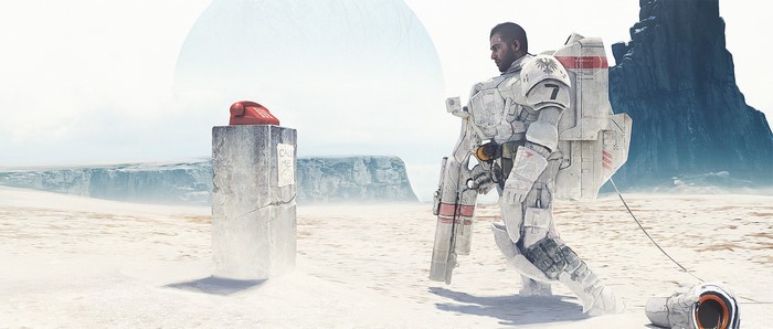 Astronaut in futuristic suit with a red phone