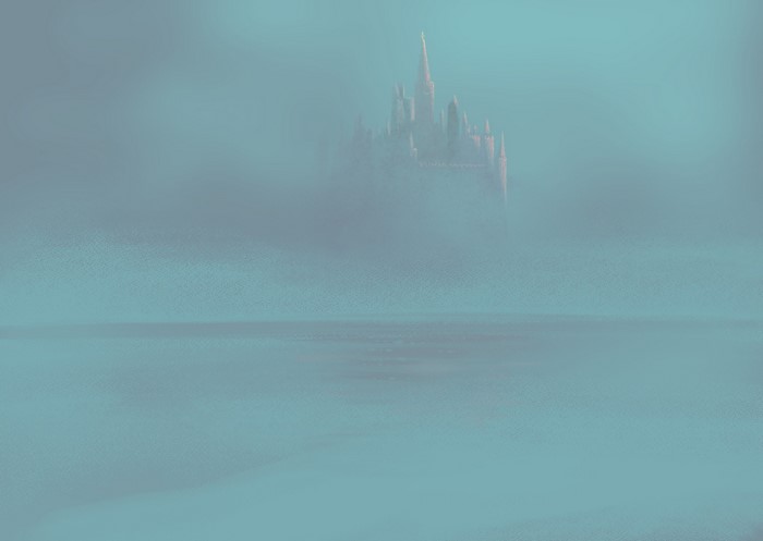 Castle in the mist over water