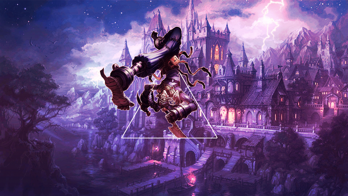 Shaco from League of Legends in a fantasy city