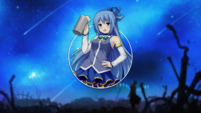 Aqua from KonoSuba holding a mug