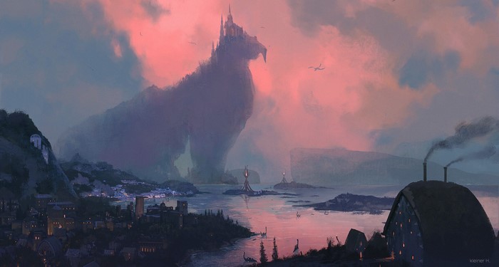 Fantasy castle on a giant creature overlooking a town