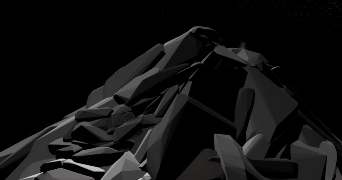 Dark 3D artwork of a rocky mountain