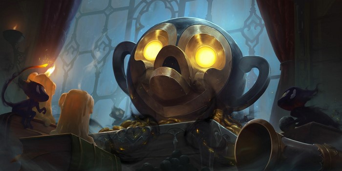 Fantasy art of a mechanical monkey head with glowing eyes