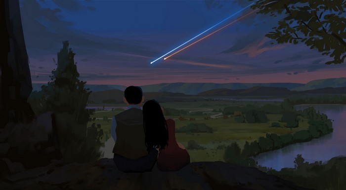Couple Watching Shooting Stars Over a Valley
