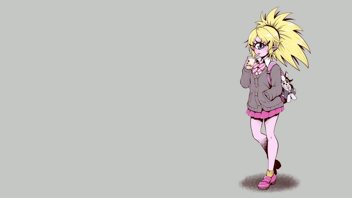 Girl with blonde hair and one eye drinking bubble tea