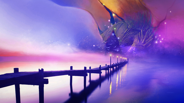 Fantasy landscape with a dock and galaxy sky