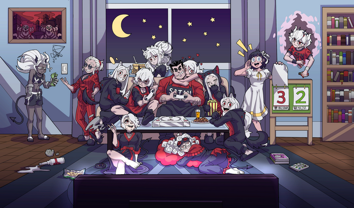 Helltaker characters playing video games at night