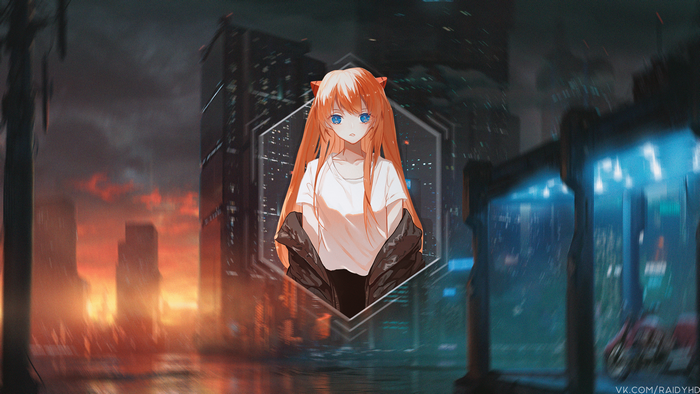 Asuka Langley Soryu from Neon Genesis Evangelion in futuristic city