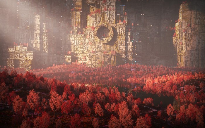 Fantasy city with red trees and ancient structures