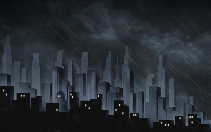 Dark Cityscape During a Storm with Rain