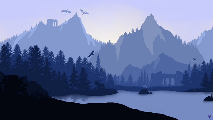 Minimalist landscape with mountains, lake, and forest