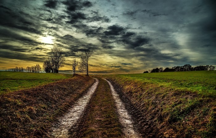 Muddy dirt road through a grassy field under a cloudy sky