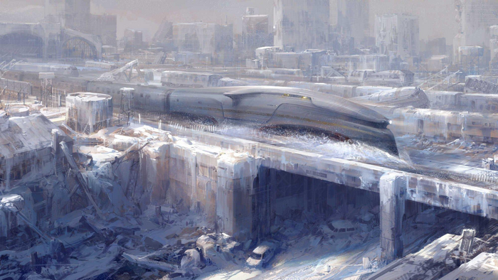 Apocalyptic train in a frozen city