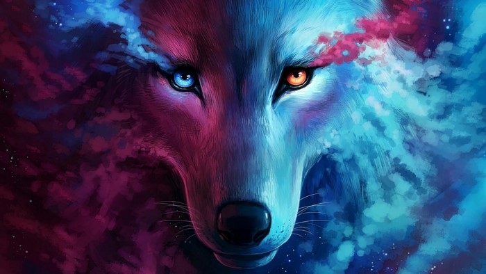 Vibrant Blue and Red Wolf Artwork