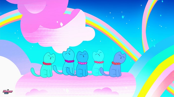 Five cats with collars on a rainbow background