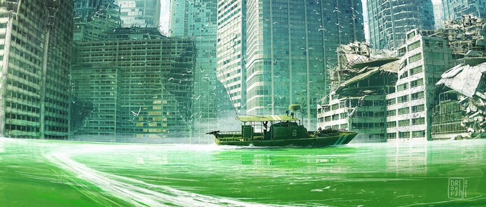 Post-apocalyptic city with a boat and birds